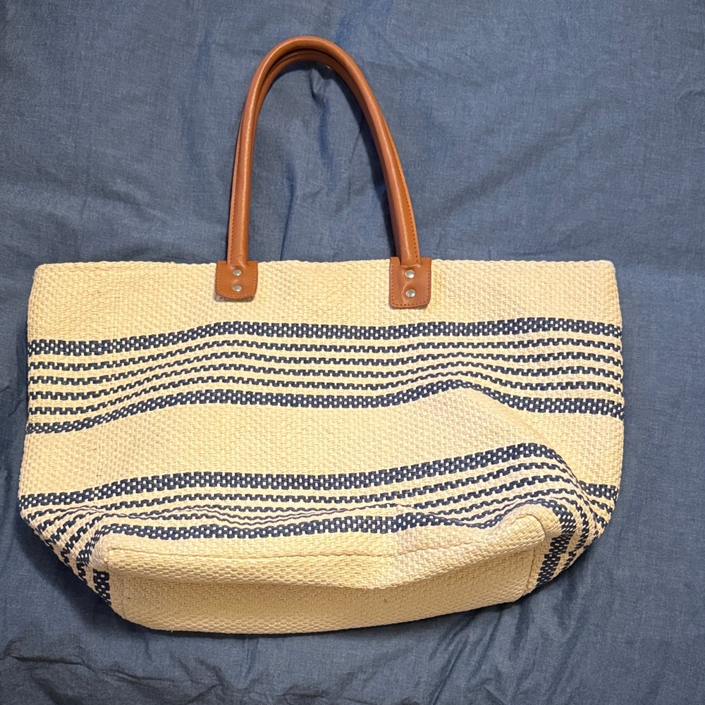 Elegant Cream and Blue Striped Tote Bag